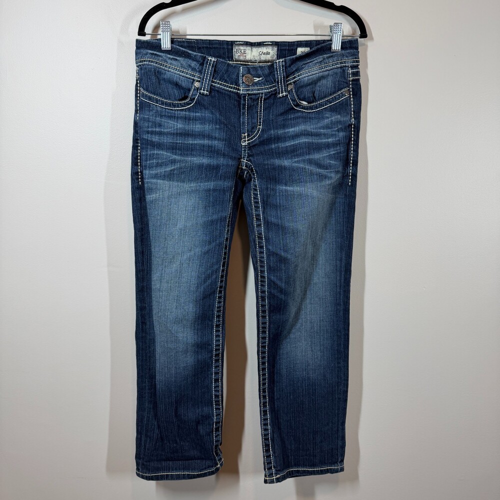 BKE Stella Dark Wash Denim Jeans Size 29 White Stitching Low Rise Y2K Buckle